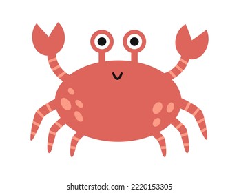 Vector cute red sea crab. Funny smiling crab with claws. Marine life animal in flat design.