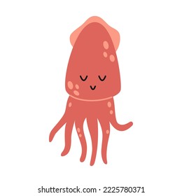 Vector cute red squid. Sea animal in flat design. Mollusk with tentacles.