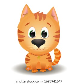 Vector cute red tabby cat with big eyes in cartoon style. Little kitten sits and smiles. Flat character illustration isolated on white background
