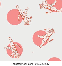 Vector Cute Red Tigers Drawing with Pink Geometrical Shapes seamless pattern background. Perfect for fabric, scrapbooking and wallpaper projects.