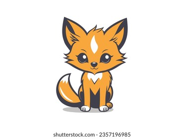 Vector cute red and white little cartoon sitting fox with a fluffy tail on a white background. Sticker or icon.