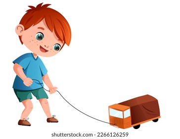 Vector cute red-haired little boy is driving a car. A child with freckles, in a blue T-shirt and green shorts, holds a rope, carries a children's car behind him.