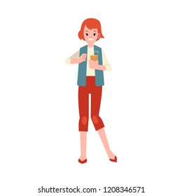Vector cute redhead woman standing at pub, bar or cafe holding glass of beer raising hand up watching football match rooting for the team. Isolated illustration