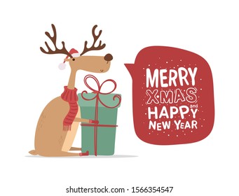 Vector cute reindeer with gift. Merry Christmas and Happy New Year