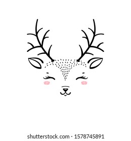 Vector Cute Reindeer Head. T-shirt Print Design for Kids with Little Deer Face. Doodle Cartoon Kawaii Animal Vector Illustration. Scandinavian Print or Poster Design, Baby Shower Greeting Card