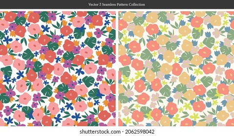 Vector cute retro color contemporary small flower illustration seamless repeat ditsy pattern 2 color ways collection bundle fashion textile digital art 