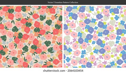 Vector cute retro color contemporary small flower illustration seamless repeat ditsy pattern 2 color ways collection bundle fashion textile digital art 