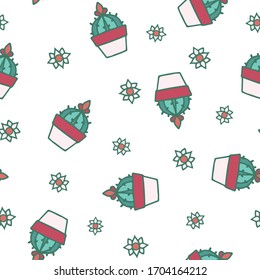 Vector Cute Retro Hand Drawn Cacti with Flowers seamless pattern background.