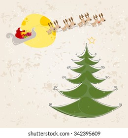 Vector cute retro hand drawn style Christmas greeting card with Santa's sleigh flying in front of the Moon