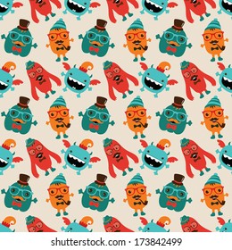 Vector Cute Retro Hipster Monsters Seamless Pattern, Background