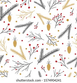 Vector cute retro Merry Christmas seamless pattern with season decor elements. Hand drawn Xmas endless background with black and golden spruce branches, cone, mistletoe, red berries.