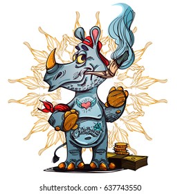 Vector cute rhinoceros standing and smoking cigarette