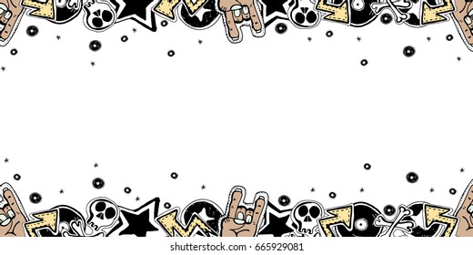 Vector cute rock n roll frame. Hand drawn horizontal banner. Cartoon style.