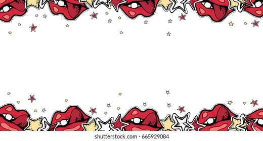 Vector cute rock n roll frame. Hand drawn horizontal banner. Cartoon style.