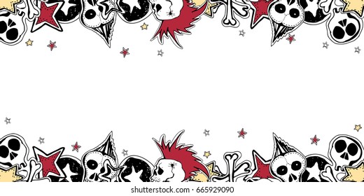 Vector cute rock n roll frame. Hand drawn horizontal banner. Cartoon style.
