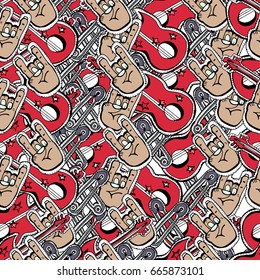 Vector cute rock and roll abstract background. Hand drawn seamless pattern. Cartoon style.Guitars, pins, palm hands.