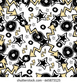 Vector cute rock and roll abstract background. Hand drawn seamless pattern. Cartoon style.Vinyl records, zigzag lines and stars.