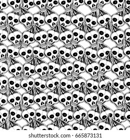 Vector cute rock and roll abstract background. Hand drawn seamless pattern. Cartoon style. Skulls and bones.