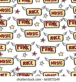 Vector cute rock and roll abstract background. Hand drawn seamless pattern. Cartoon style.