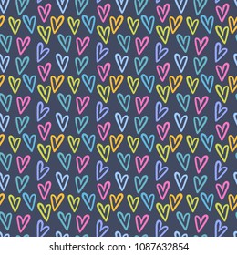 Vector cute romantic cartoon hand drawing hearts seamless pattern background