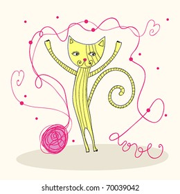 Vector cute romantic cat playing with a ball of string