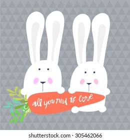 Vector cute romantic couple of bunnies with carrot background card template