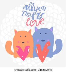 Vector cute romantic couple of cats with hearts card background template