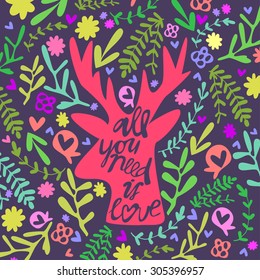 Vector cute romantic floral card with hipster deer head, flowers, leafs and hearts pattern background template