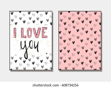 Vector cute romantic illustration with hearts and hand-written lettering I Love You". Decorative design for poster, Valentines day postcard or banner. Calligraphy card with lettering element.