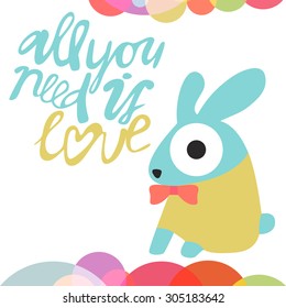 Vector cute romantic rabbit with handwriting words card background template