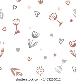 Vector cute romantic seamless pattern with doodle cartoon flowers and hearts. Kids or girls trendy and simple background