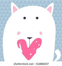 Vector cute romantic white cat with heart card background template