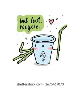 Vector cute rubbish character hand drawn in cartoon doodle style, isolated on white background. Adorable paper or plastic cup holding straws with dots, stars and heart illustrations.