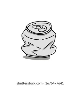 Vector cute rubbish character hand drawn in cartoon doodle style, isolated on white background. Adorable crumpled beer can illustration.