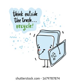 Vector cute rubbish character hand drawn in cartoon doodle style, isolated on white background. Adorable plastic container illustration thinking about ecological problems.