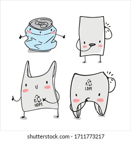 El personaje de basura adorable vectorial dibujado a mano en forma de doodle de dibujos animados, aislado de fondo blanco. Bolsa de plástico adorable, 2 HDPE, 5 PP, ilustración pensando en problemas ecológicos