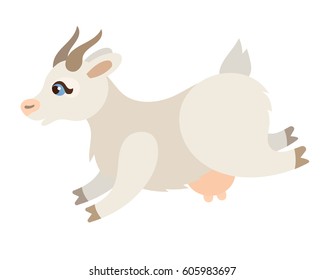 Vector cute running dairi goat isolated on white background simple cartoon style farm animal illustration