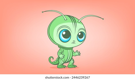 Vector cute sad cartoon little green alien child with antennas and tail. A big eyed, pleasant, kind extraterrestrial humanoid.