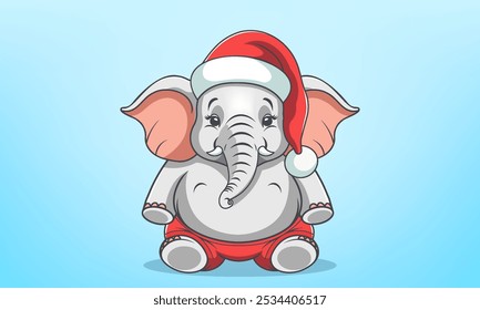 Vector cute sad cartoon sitting chubby baby elephant in red Santa hat and pants. Merry Christmas and Happy New Year. Light blue background.