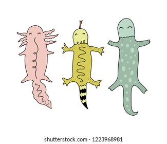 Vector cute salamander set on white background. Poster and banner elements, children's educational book illustrations, print for t-shirt and more, sticker, label and other. Isolated on white