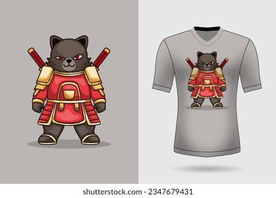 Vector cute samurai black cat holding sword katana cartoon vector icon illustration animal nature icon concept isolated