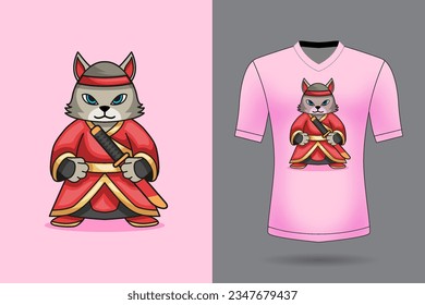 Vector cute samurai cat holding sword katana cartoon vector icon illustration animal nature icon concept isolated