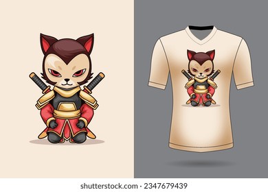 Vector cute samurai cat holding sword katana cartoon vector icon illustration animal nature icon concept isolated