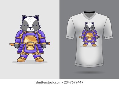 Vector cute samurai fox holding sword katana cartoon vector icon illustration animal nature icon concept isolated