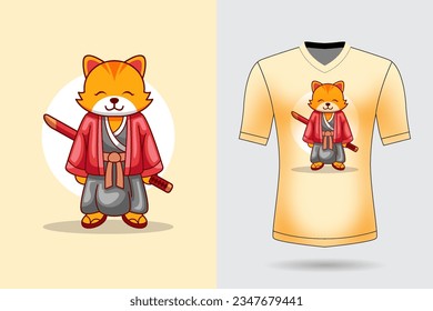 Vector cute samurai orange cat holding sword katana cartoon vector icon illustration animal nature icon concept isolated