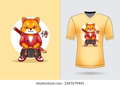 Vector cute samurai orange cat holding sword katana cartoon vector icon illustration animal nature icon concept isolated