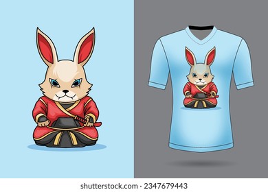 Vector cute samurai rabbit holding sword katana cartoon vector icon illustration animal nature icon concept isolated