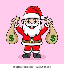 Vector cute santa claus carrying two bags of money