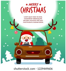 Vector cute Santa Claus character driving a car with funny decorations and Merry Christmas message