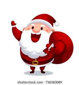 Vector cute Santa Claus character with the giant red bag isolated on white background.